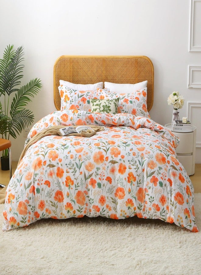 Mooreeke Floral Full Size Comforter Sets, Orange Flower Botanical Patterned Bedding for All Seasons, 3-Piece Vintage Bed in a Bag with Fluffy Quilted Reversible Comforter & 2 Pillow Shams - Image 1