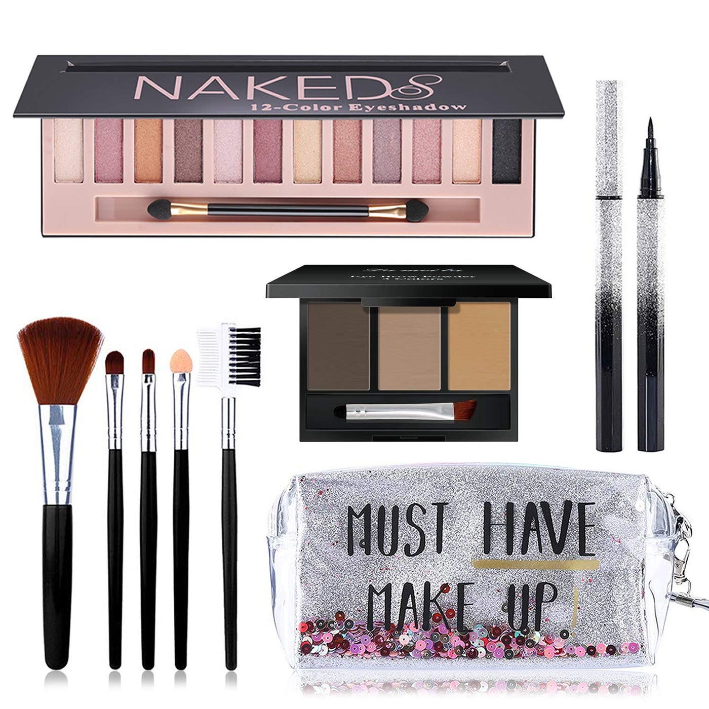 All in One Makeup Kit Includes 12 Colors Naked Eyeshadow Palette 5Pcs Makeup Brushes Waterproof Eyeliner Pencils Eyebrow Powder and Quicksand Cosmetic Bag Gift Set for Women Girls Teens