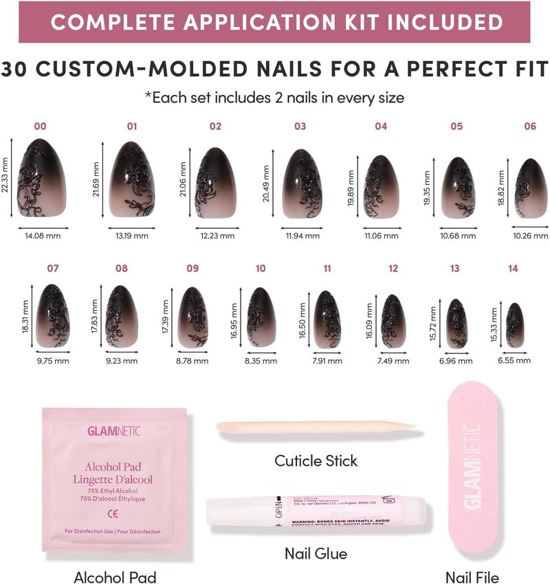 Glamnetic Press On Nails - 'Til Death | Ombre 3D Lace Medium Almond Fake Nails with Glossy Finish, Salon Quality Halloween Nails | 15 Sizes - 30 Nail Kit with Glue - Image 4