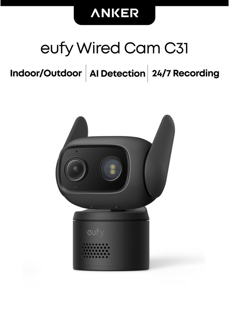 eufy Wired Cam C31,360° Coverage with Pan and Tilt, Indoor and Outdoor, Dual Antenna, Color Night Vision, Local Storage, No Monthly Fee, AI Human/Vehicle/Pet/Cry Detection, 24/7 Continuous Recording - Image 1