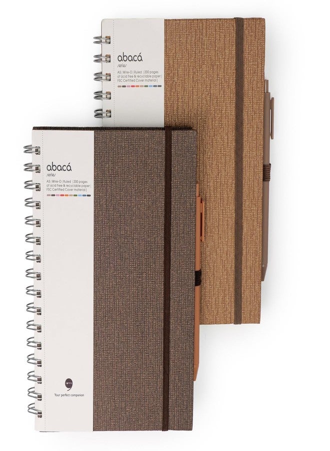 COMMA Abaca - A5 Size - Wire-O-Bound Spiral Notebook with Pen & Elastic Band Closure - 200 Pages - 80gsm Natural Shade Paper - Textured Cover Material - Pack of 2 - (Chocolate + Walnut Brown) - Image 1