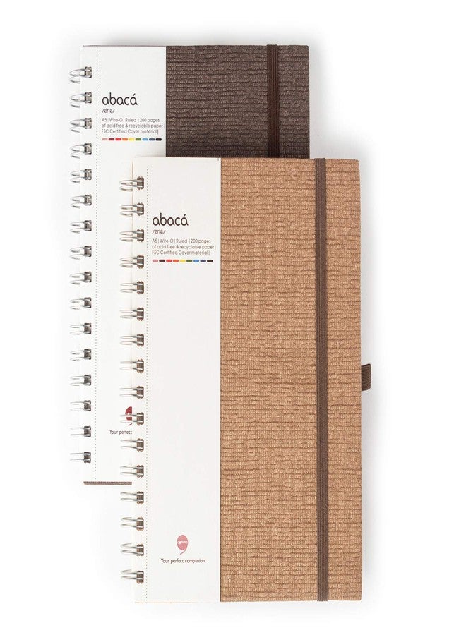 COMMA Abaca - A5 Size - Wire-O-Bound Spiral Notebook with Pen & Elastic Band Closure - 200 Pages - 80gsm Natural Shade Paper - Textured Cover Material - Pack of 2 - (Chocolate + Walnut Brown) - Image 2