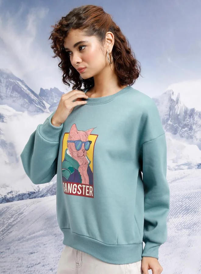 Tokyo Talkies Tokyo Talkies Textured Round Neck Long Sleeves Crop Sweatshirt