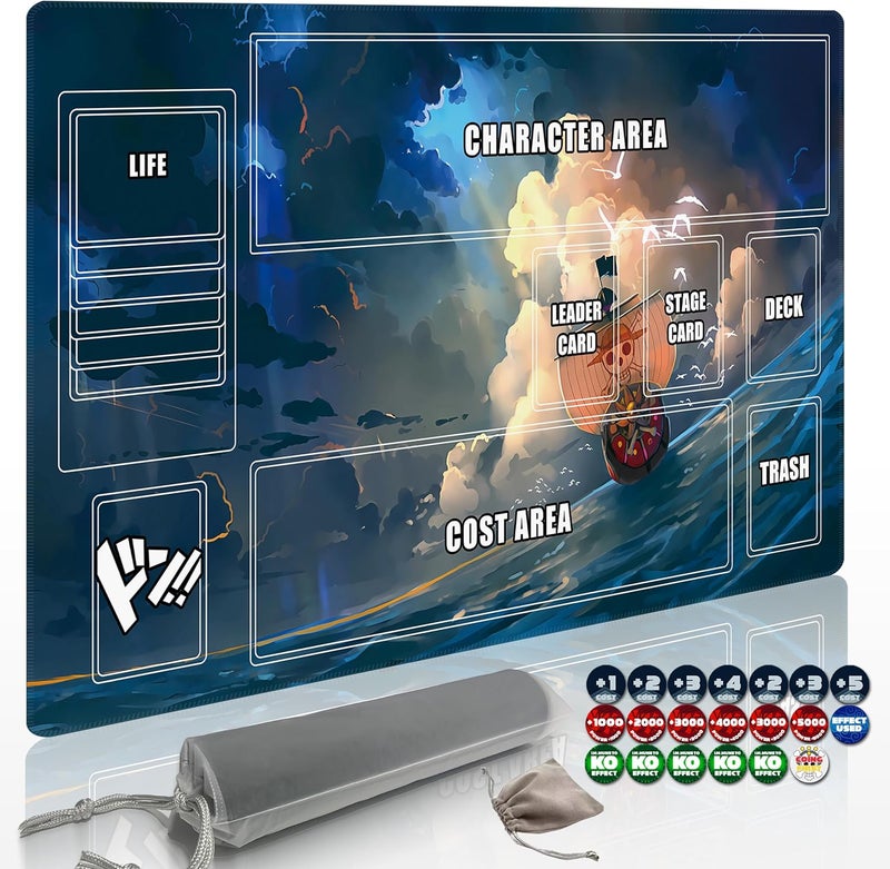Extalas Playmat for One Piece Card Game (24x14 Inches): with Non-Slip Rubber, Zones Design, a Professional Storage Bag Included, Plus a Limited-Time Gift of a Set of 20 Damage Counters (Wave Boat) - Image 1