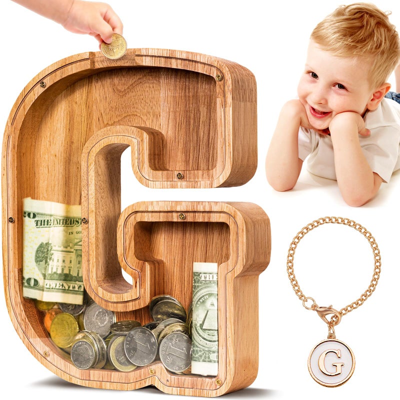 SummiDate Wooden Letter Piggy Bank for Kids Piggy Bank for Boys Girls Toddler Alphabet G Money Bank Personalized Initial Wood Coin Bank Birthday for Kids G - Image 2