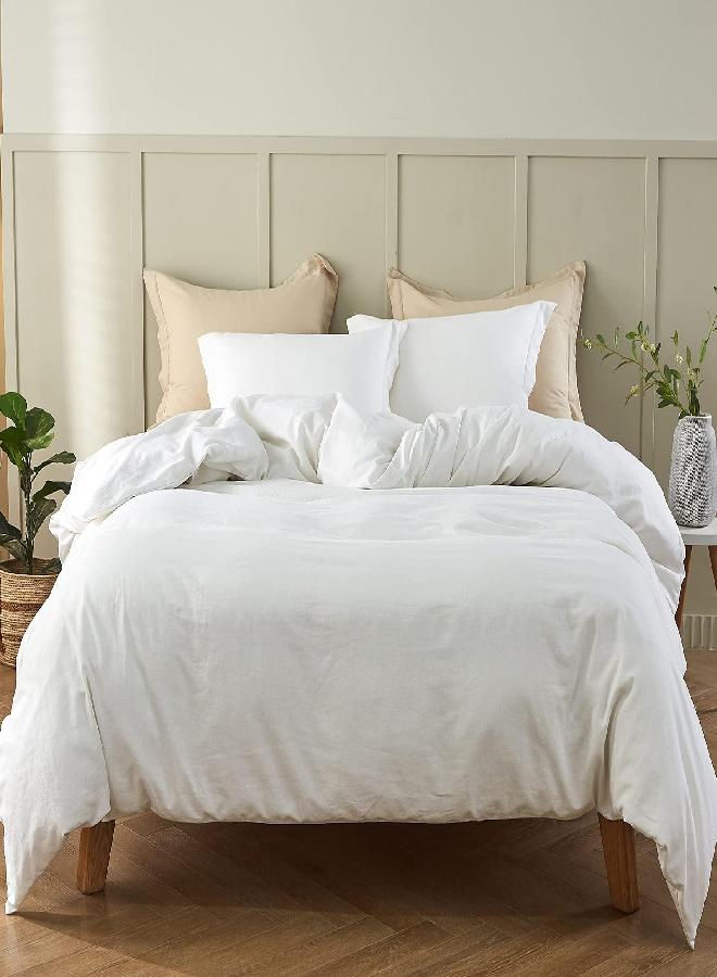 Simple&Opulence French Linen Duvet Cover Set - Twin Size(68" x 86")- 2 Pieces (1 Comforter Cover,1 Pillowcase)- Natural Flax Cotton Blend-Solid Color Breathable Farmhouse Bedding-Off White - Image 1