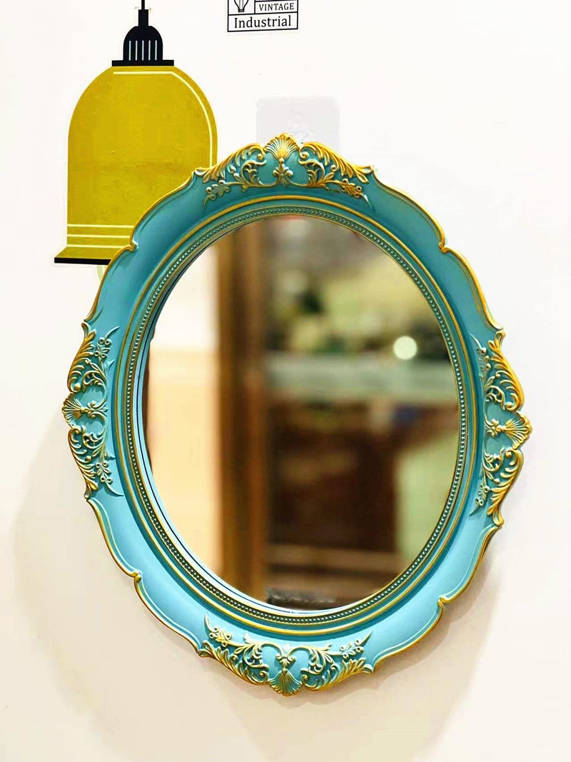 Schonee Mirror Tray, Oval Vintage Decorative Wall Mirror, Jewelry Dresser Organizer Cosmetics Storage Tray, Hanging Mirror(15â€x 13.4â€) (Blue - Oval) - Image 4