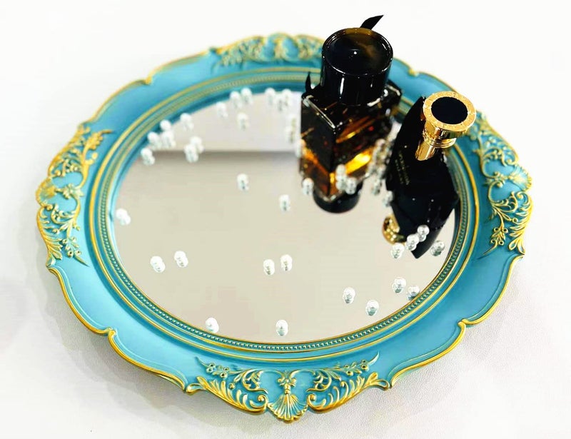 Schonee Mirror Tray, Oval Vintage Decorative Wall Mirror, Jewelry Dresser Organizer Cosmetics Storage Tray, Hanging Mirror(15â€x 13.4â€) (Blue - Oval) - Image 3