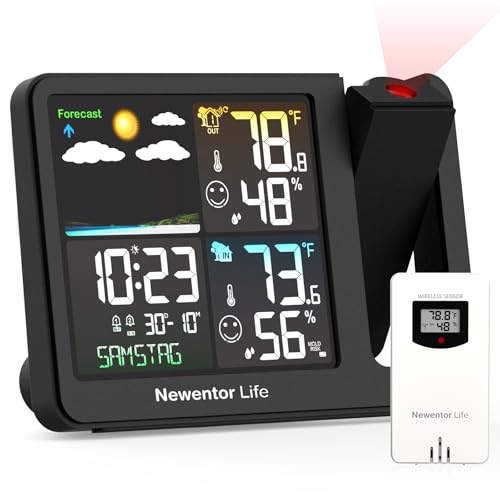 Newentor Projection Alarm Clock, Projection Clock for Bedroom Ceiling, Weather Station Thermometer with Projector Indoor Outdoor TEM&Hum, Forecast, Adjustable Backlight, Black with Red Projector - Image 1