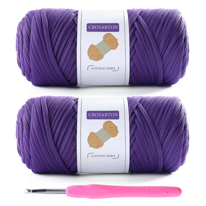 NDICANG 2 Pack T Shirt Yarn for Crocheting with 1 Crochet Hook, Elastic Tshirt Yarn for Crochet Bag/Baskets/Home Decor, Spaghetti Yarn Thick Knitting Yarn Total Length 130 Yds, Weight 14 Oz (Purple) - Image 1