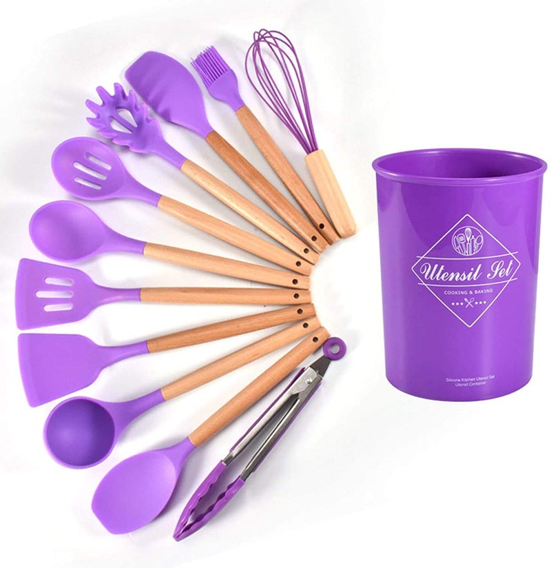 Ziaon Kitchen Utensils, Silicone Heat-Resistant Non-Stick Kitchen Utensil Set Cooking Tools,Turner, Whisk, Spoon,Brush,Spatula, Ladle Slotted Turner Tongs Pasta Fork (Violet) - Image 2
