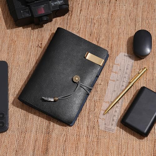 WONDERPOOL Leather Journal Lined Paper Notebook & Pen - Refillable 6 Ring Binder Writing Spiral Diary with Ruled Notepads Vintage Cover for Office Travel Work and Plan Agenda (a-Black, A6) - Image 2