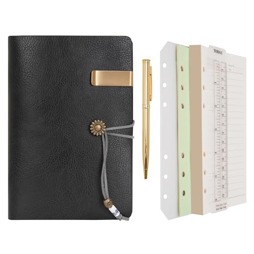 WONDERPOOL Leather Journal Lined Paper Notebook & Pen - Refillable 6 Ring Binder Writing Spiral Diary with Ruled Notepads Vintage Cover for Office Travel Work and Plan Agenda (a-Black, A6) - Image 1