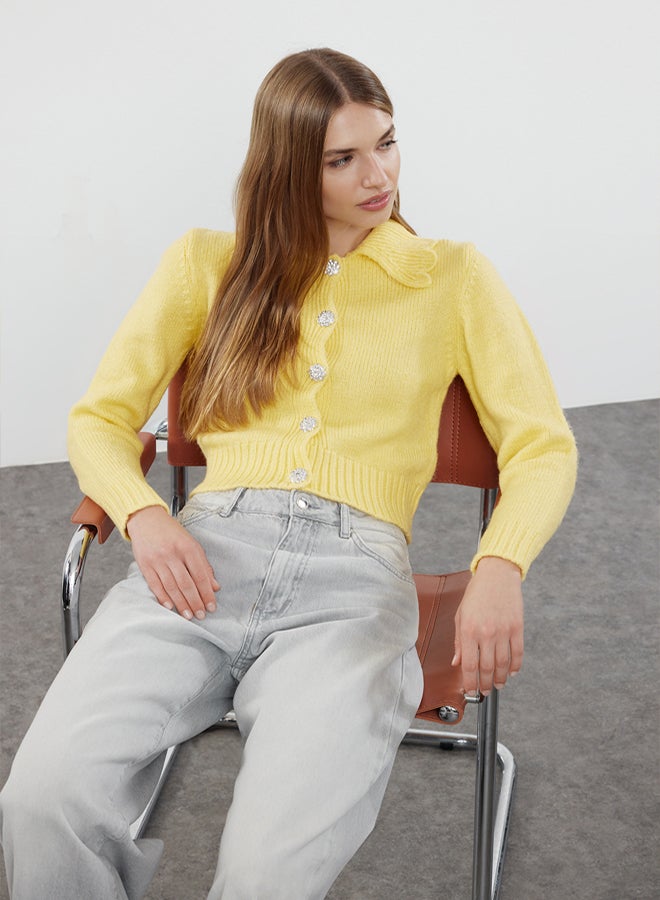 trendyol Yellow Soft Knitwear Crop Cardigan - Jewel Buttoned - Image 1