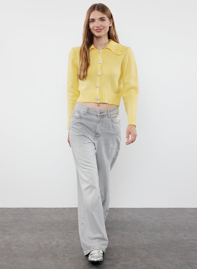 trendyol Yellow Soft Knitwear Crop Cardigan - Jewel Buttoned - Image 2