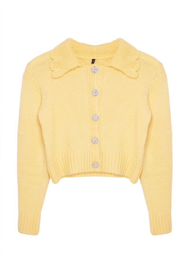 trendyol كارديجان قصير من الصوف الناعم الأصفر - مزود بأزرار جوهرة - Image 5