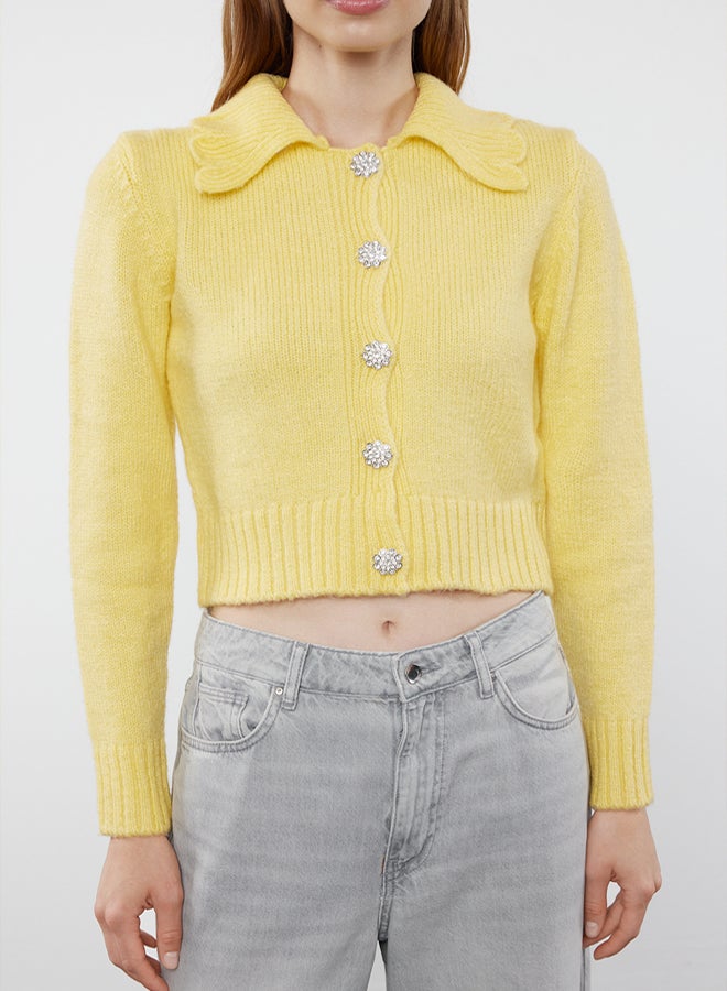 trendyol كارديجان قصير من الصوف الناعم الأصفر - مزود بأزرار جوهرة - Image 3