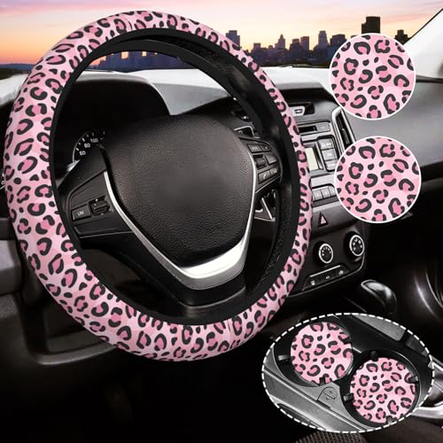 Gwwens Pink Leopard Print Steering Wheel Cover for Women Universal Auto Steering Wheel 1415 Inch Car Interior Accessories with 2PCS Car Coasters Suitable for Men and Women - Image 1