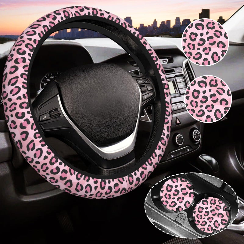 Gwwens Pink Leopard Print Steering Wheel Cover for Women Universal Auto Steering Wheel 1415 Inch Car Interior Accessories with 2PCS Car Coasters Suitable for Men and Women - Image 3
