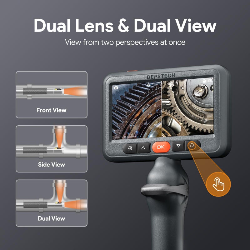 DEPSTECH Dual Lens Borescope Camera with Light, Two-Way Articulating Borescope, 5" IPS Dual View Endoscope with 0.33in Slim Probe, 1080P Waterproof Inspection Camera for Wall Auto Engine Inspect-5FT - Image 3