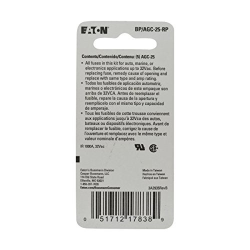 Bussmann BP/AGC-25 25 Amp Fast Acting Glass Tube Fuse - Image 2