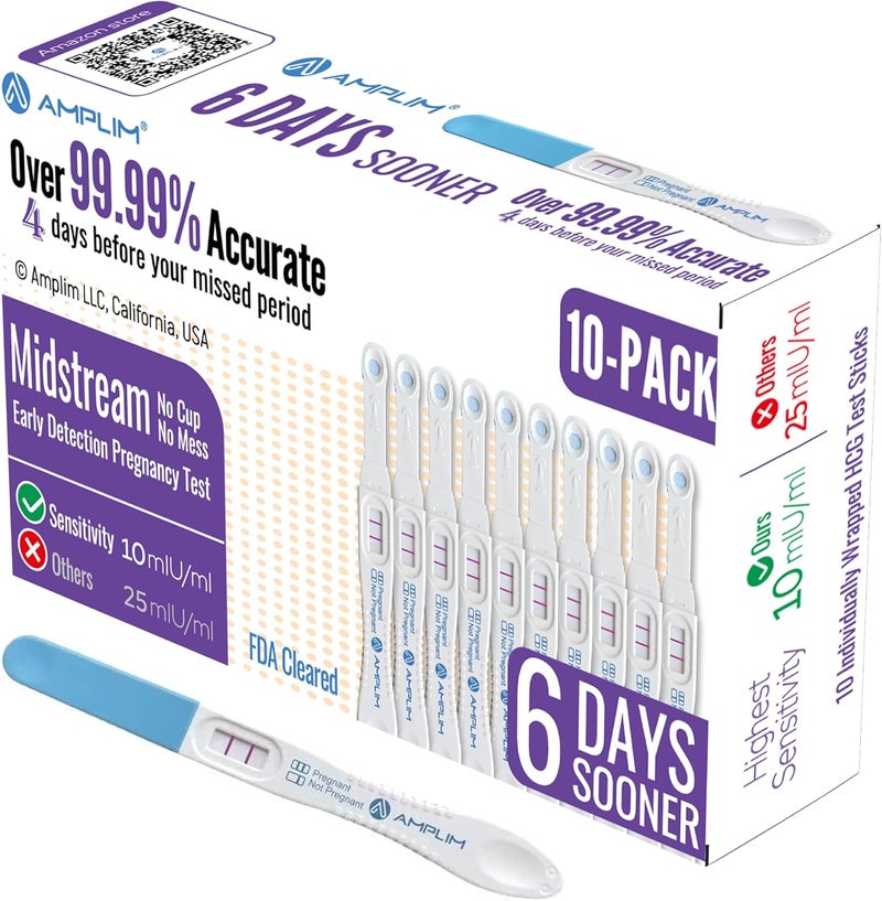 AMPLIM HCG Early Detection Pregnancy Test Bulk Stick  6Days Sooner Extra Sensitive 10 MIUmL Midstream  Mom 2Sec Easy Home Tests 9999 Accurate Pregnant Test Result ept 10Pack - Image 1