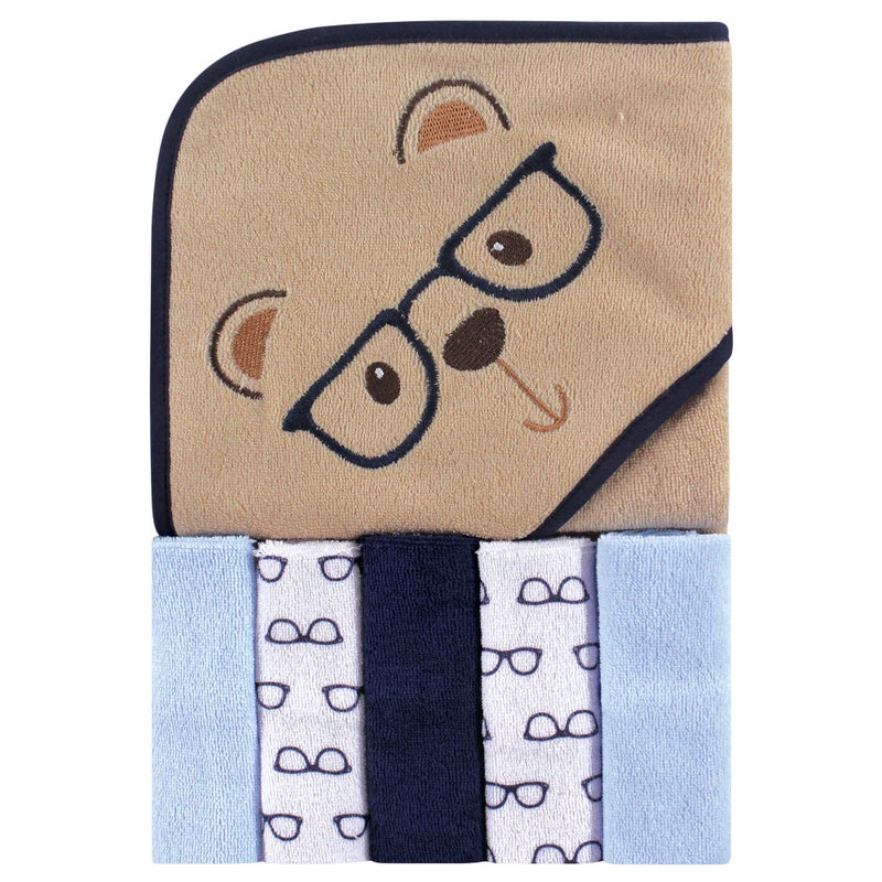 Luvable Friends Unisex Baby Hooded Towel with Five Washcloths, Smart Bear, One Size - Image 1