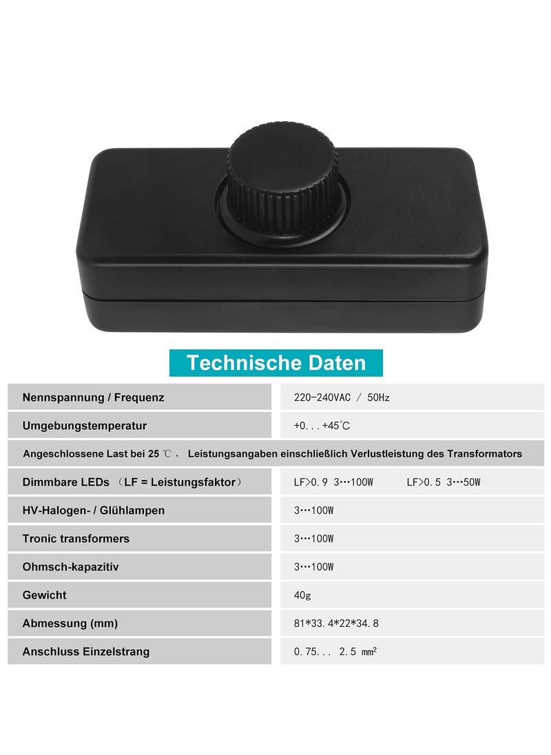 LED Dimmer Inline LED Dimmer Switch 1 Gang 220V-240V Trailing Edge Dimmer Full Range Rotary Dimmer Switch for 3-100W Dimmable LED Incandescent Halogen Bulbs for Table Lamp Floor Lamp