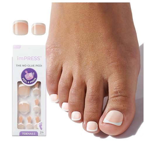 Impress KISS imPRESS Pedicure French Tip Press On Toenails, 'Blanc Chic', White, Short Squoval, Pedicure Nail Kit Includes 24 Press On Toenails, Prep Pad, Mini Nail File, & Pedicure Stick - Image 1