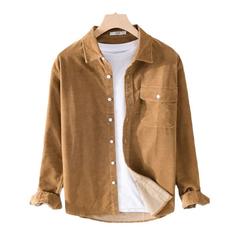 Mens Autumn New Corduroy Top Coat Japanese Style Casual Loose Jacket Outer Wear Long Sleeve Shirt Trendy Brown - Image 1