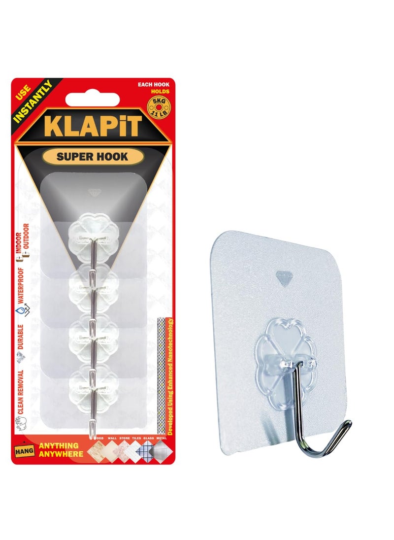KLAPiT KLAPiT Super Hook Heavy Duty Adhesive Wall Hooks No Drilling Waterproof DamageFree Hanging Solution for Bedroom Bathroom and Kitchen Items Clear 4 pcs  - Image 1
