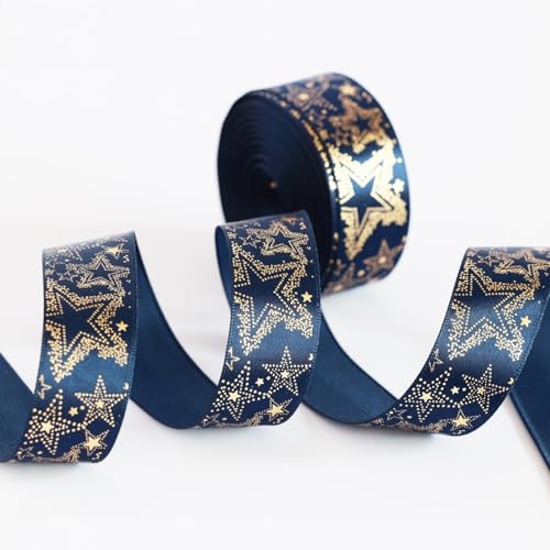 Djenpinex Navy Blue with Gold Star Satin Ribbon 78 22mm 10 Yards Blue and Gold Ribbon for Gift Wrapping Wedding Bouquets DIY Crafts Valentines Day Party Decor - Image 1