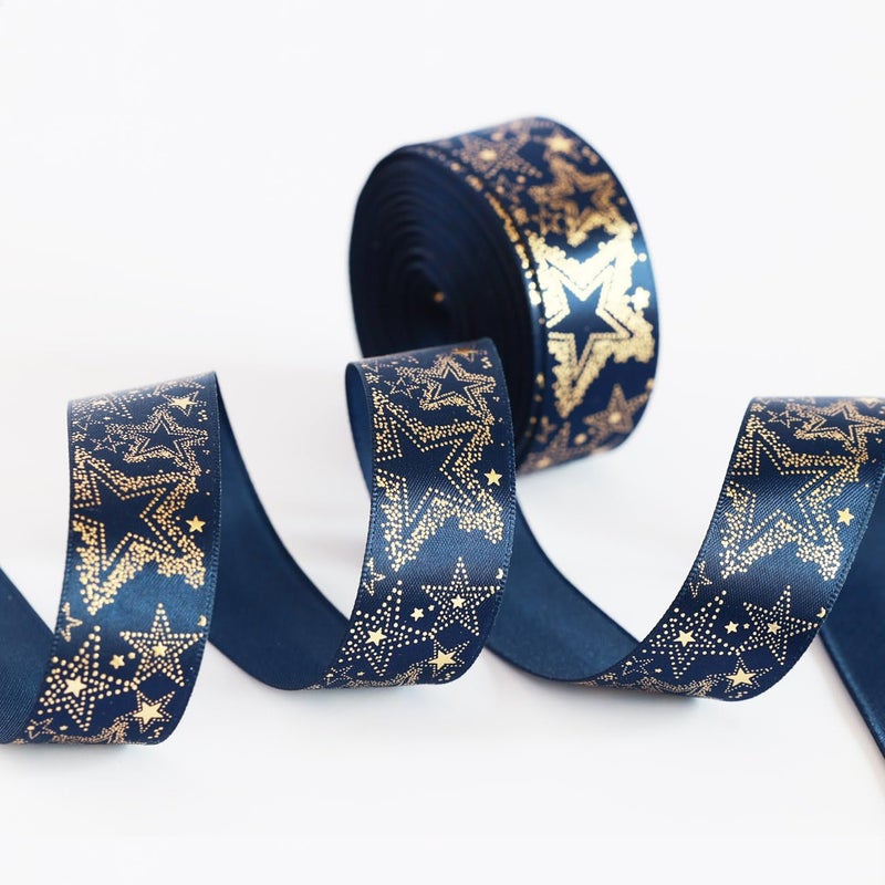 Djenpinex Navy Blue with Gold Star Satin Ribbon 78 22mm 10 Yards Blue and Gold Ribbon for Gift Wrapping Wedding Bouquets DIY Crafts Valentines Day Party Decor - Image 3