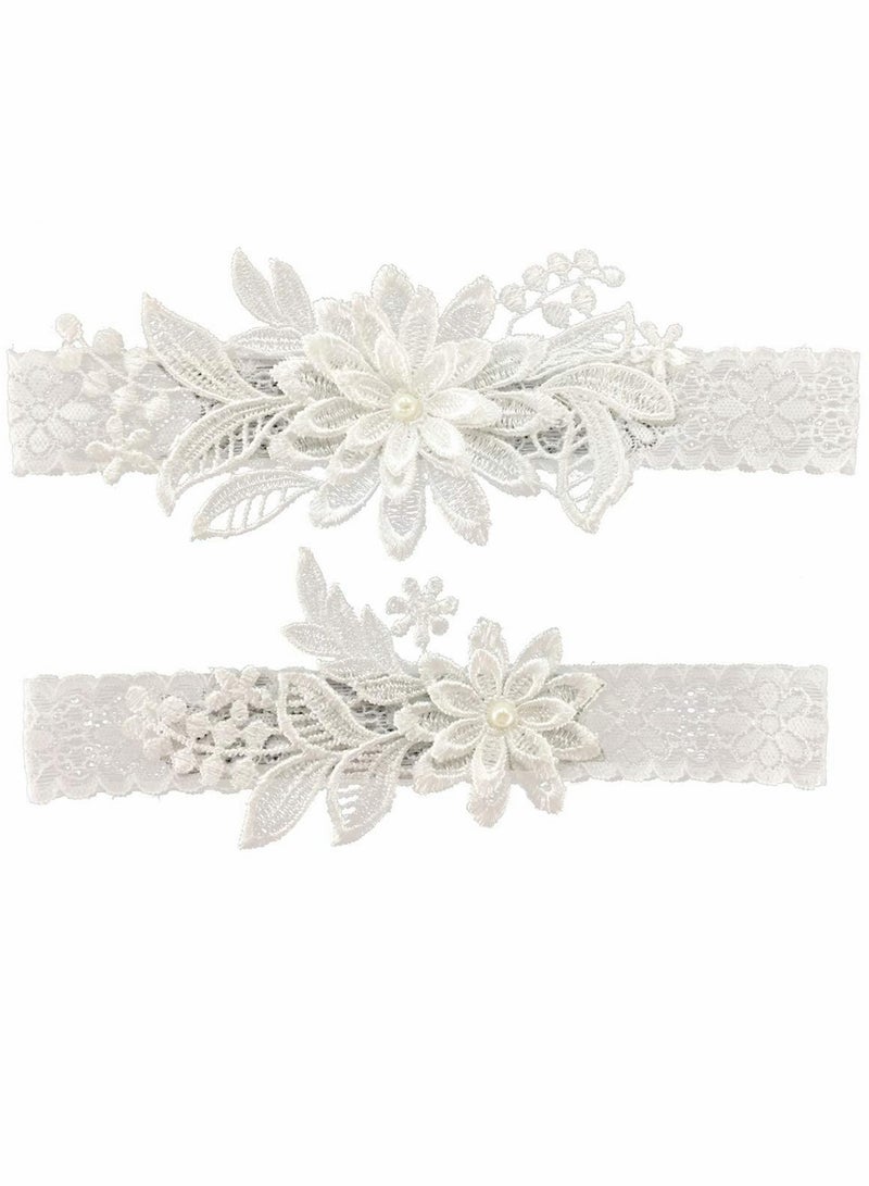 Excefore أربطة زفاف للعروس، قطعتان من رباط الزفاف من دانتيل الأقحوان، رباط من اللؤلؤ الصناعي مخيط يدويًا قابل للتعديل للنساء العروس - Image 1