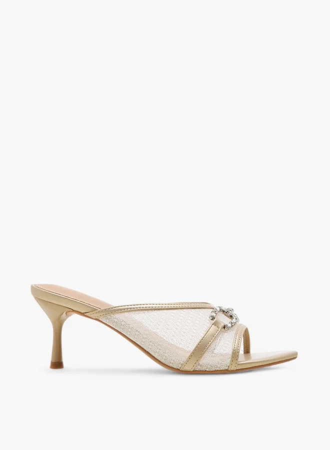 Flora Bella By Shoexpress Embellished Slip-On Sandals with Flared Heel
