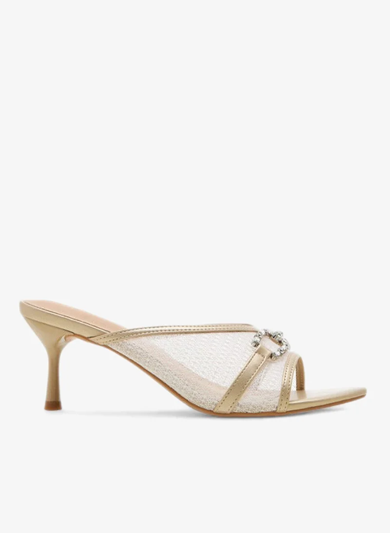 Flora Bella By Shoexpress Embellished Slip-On Sandals with Flared Heel