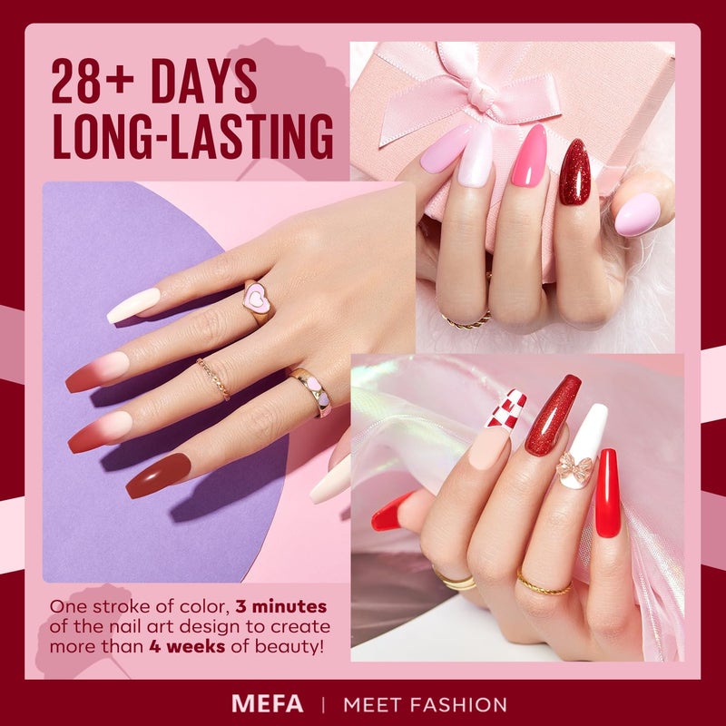 MEFA Gel Nail Polish Set, 12 Colors Burgundy Red Gel Polish Set Shimmering Red Pink Glitter Nail Polish Soak Off Rosy red Nude Gifts for Women Girl DIY Salon Home Manicure - Image 3