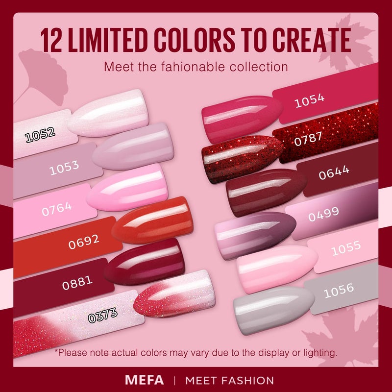 MEFA Gel Nail Polish Set, 12 Colors Burgundy Red Gel Polish Set Shimmering Red Pink Glitter Nail Polish Soak Off Rosy red Nude Gifts for Women Girl DIY Salon Home Manicure - Image 2