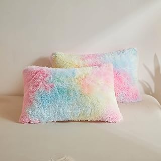 XeGe XeGe Rainbow Faux Fur Fluffy Throw Pillow Cases, Plush Shaggy Soft Furry Pillowcases, Tie Dye Velvet Fuzzy Decorative  - Image 1