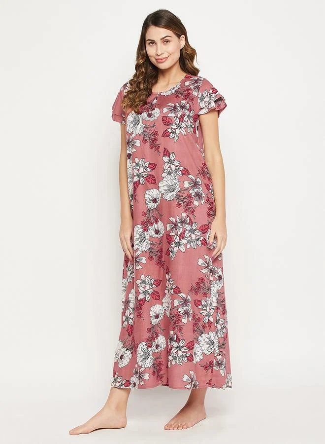 Clovia Florals Print Layered Sleeves Nightdress