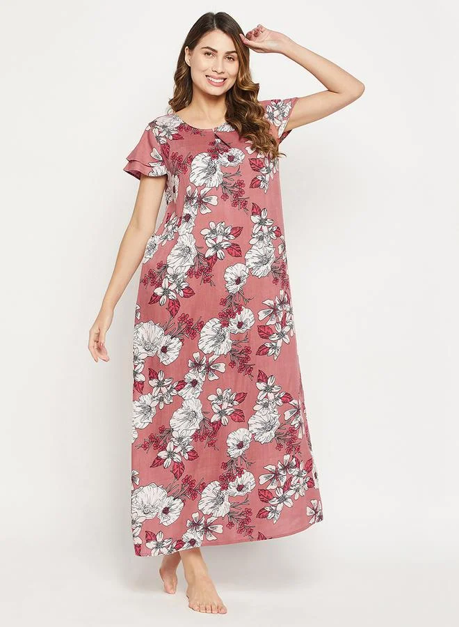 Clovia Florals Print Layered Sleeves Nightdress
