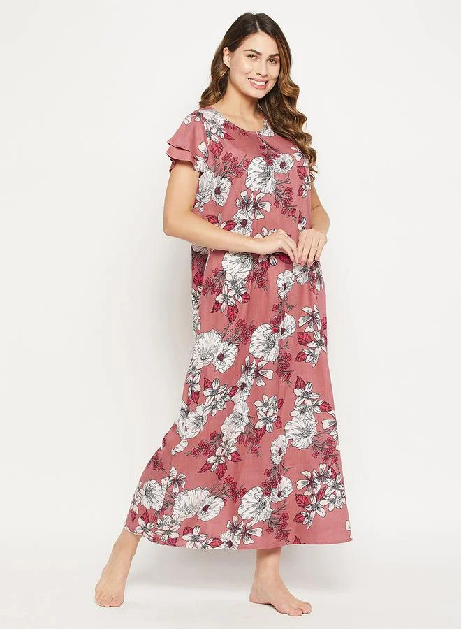 Clovia Florals Print Layered Sleeves Nightdress