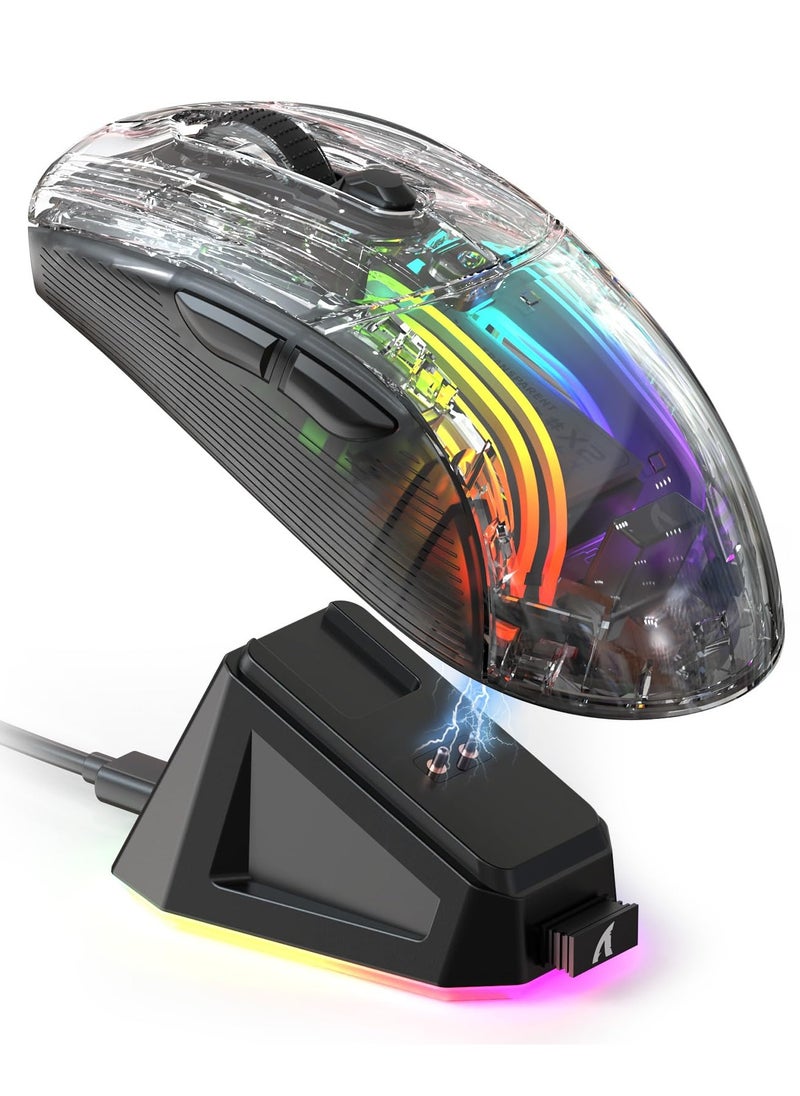 Attack Shark - X2 Pro Wireless Gaming Mouse with RGB Charging Dock,Tri-Mode PC Gaming Mice 2.4G/Bluetooth/Wired,Noiseless Mouse RGB Backlit,Transparent Shell,PixArt 3212 4000 DPI,for Win/MAC,Black - Image 1