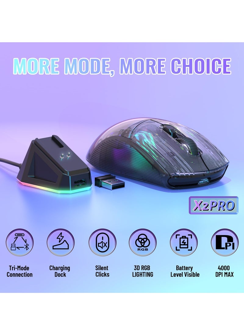 Attack Shark - X2 Pro Wireless Gaming Mouse with RGB Charging Dock,Tri-Mode PC Gaming Mice 2.4G/Bluetooth/Wired,Noiseless Mouse RGB Backlit,Transparent Shell,PixArt 3212 4000 DPI,for Win/MAC,Black - Image 1