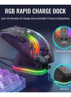 هجوم القرش ماوس ألعاب لاسلكي X2 Pro مع قاعدة شحن RGB، ماوس ألعاب كمبيوتر ثلاثي الأوضاع 2.4 جيجاهرتز/بلوتوث/سلكي، ماوس بدون ضوضاء بإضاءة خلفية RGB، غلاف شفاف، PixArt 3212 4000 نقطة في البوصة، لنظامي التشغيل Windows/MAC، أسود  - Image 3
