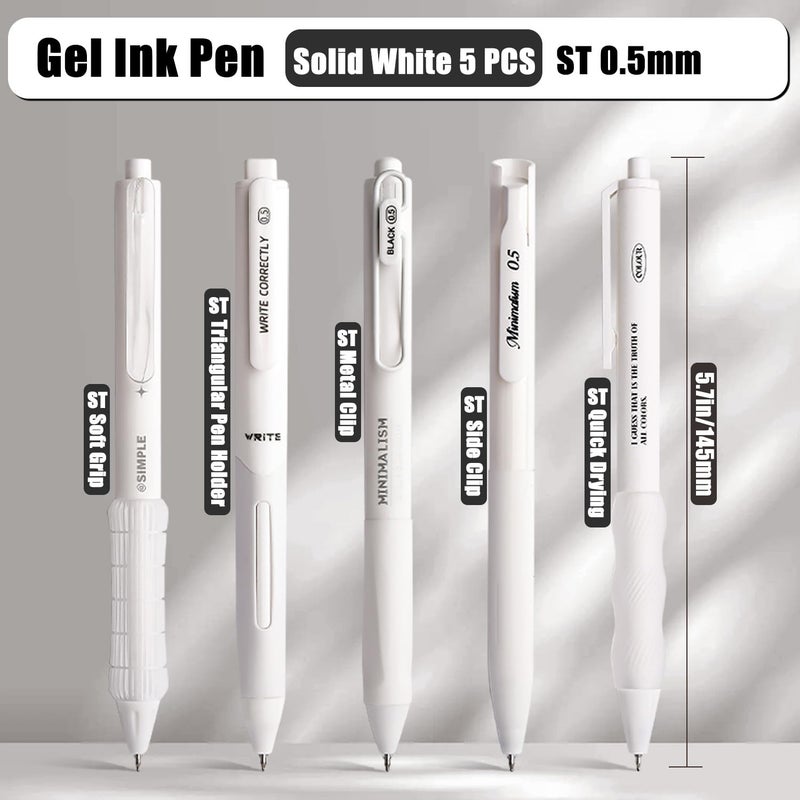 VideMundi 5 Count Pastel Gel Ink Pen Set,Cute Note Taking 0.5mm Fine Point Retractable 5 Count Black Ink Pens for Writing, Journaling, School, Office (White) - Image 2