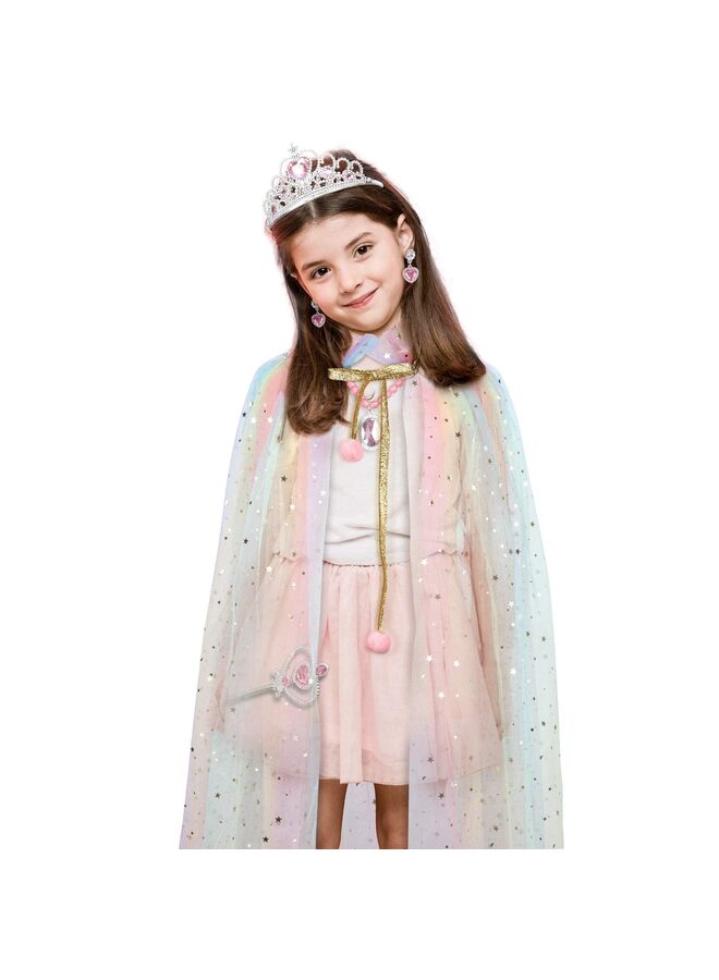 LAMAY 7Pcs Princess Party Set Glitter Cloak Tiara Wand Necklace Earrings Bracelet Ring for Birthday Celebration Halloween Costume Photo Booth Props Cosplay Accessories(Blue) - Image 3
