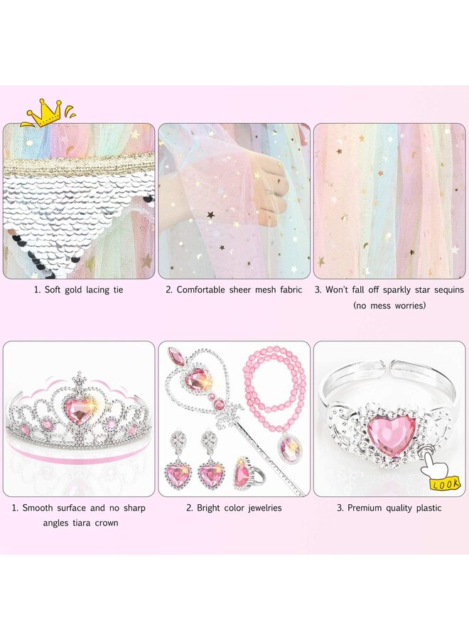 LAMAY 7Pcs Princess Party Set Glitter Cloak Tiara Wand Necklace Earrings Bracelet Ring for Birthday Celebration Halloween Costume Photo Booth Props Cosplay Accessories(Blue) - Image 5