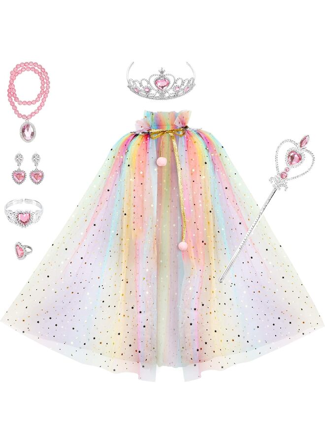 LAMAY 7Pcs Princess Party Set Glitter Cloak Tiara Wand Necklace Earrings Bracelet Ring for Birthday Celebration Halloween Costume Photo Booth Props Cosplay Accessories(Blue) - Image 1