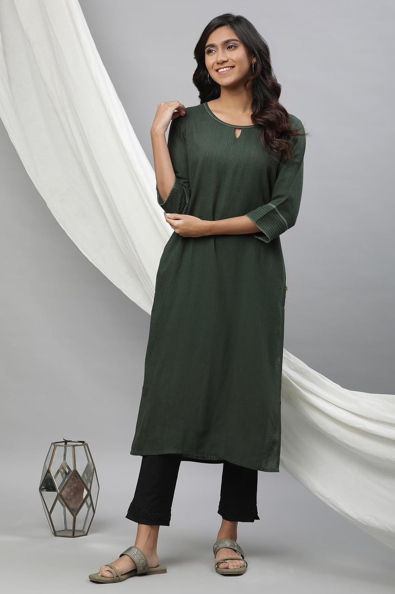Aurelia Green Yarn Dyed Straight Kurta (Size: L)-24AUA12231-703448 - Image 2